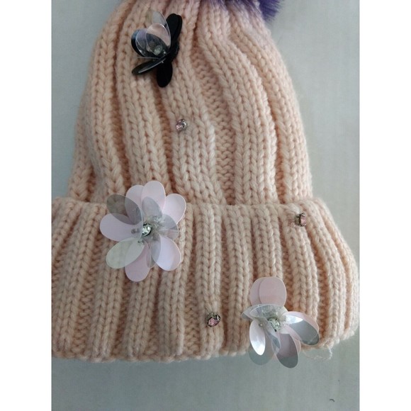 New Cara New York Women's Pink Knit Hat Flower Pom Pom OSFM Ostrich Feathers - Picture 2 of 6